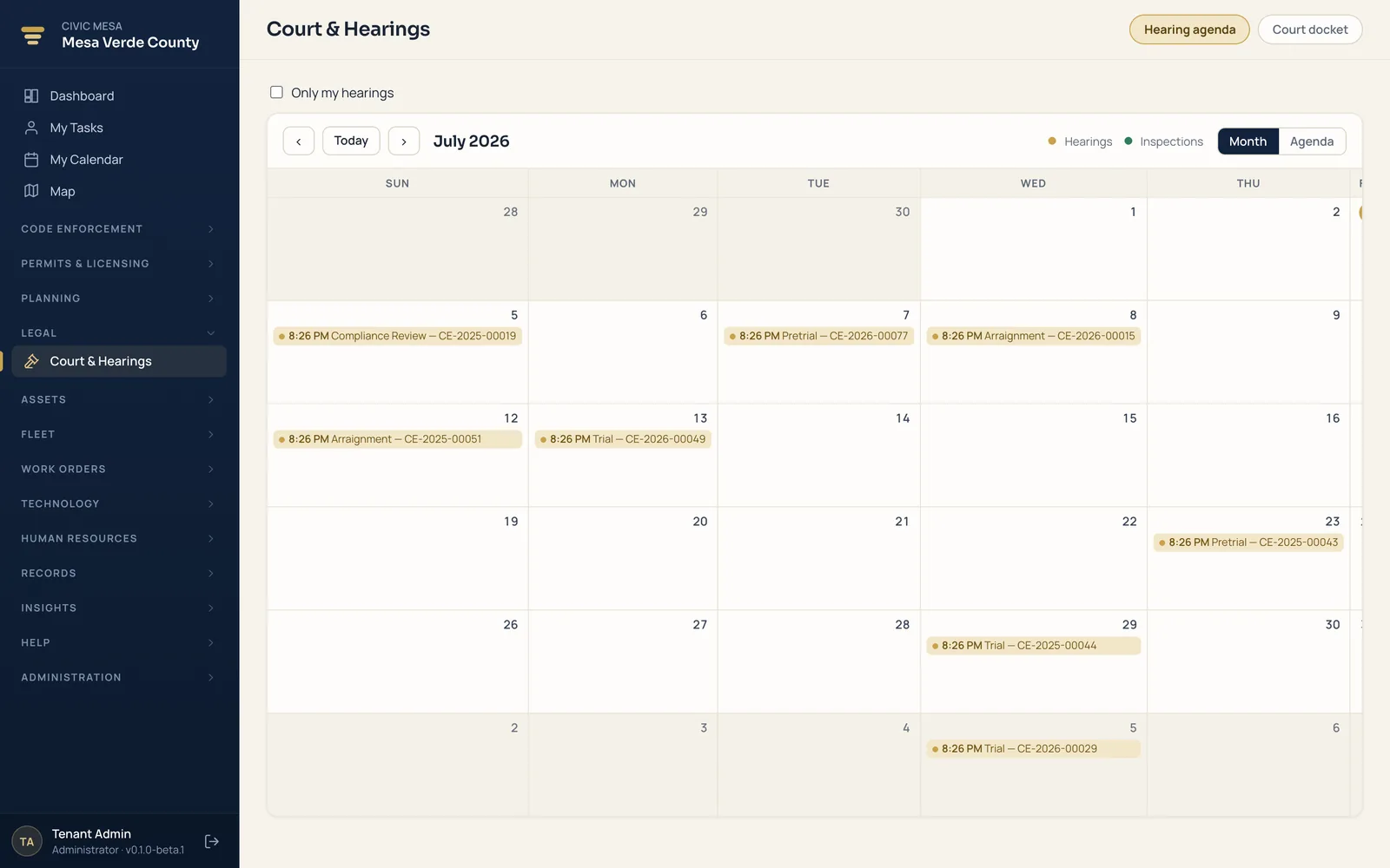 Court and hearings calendar