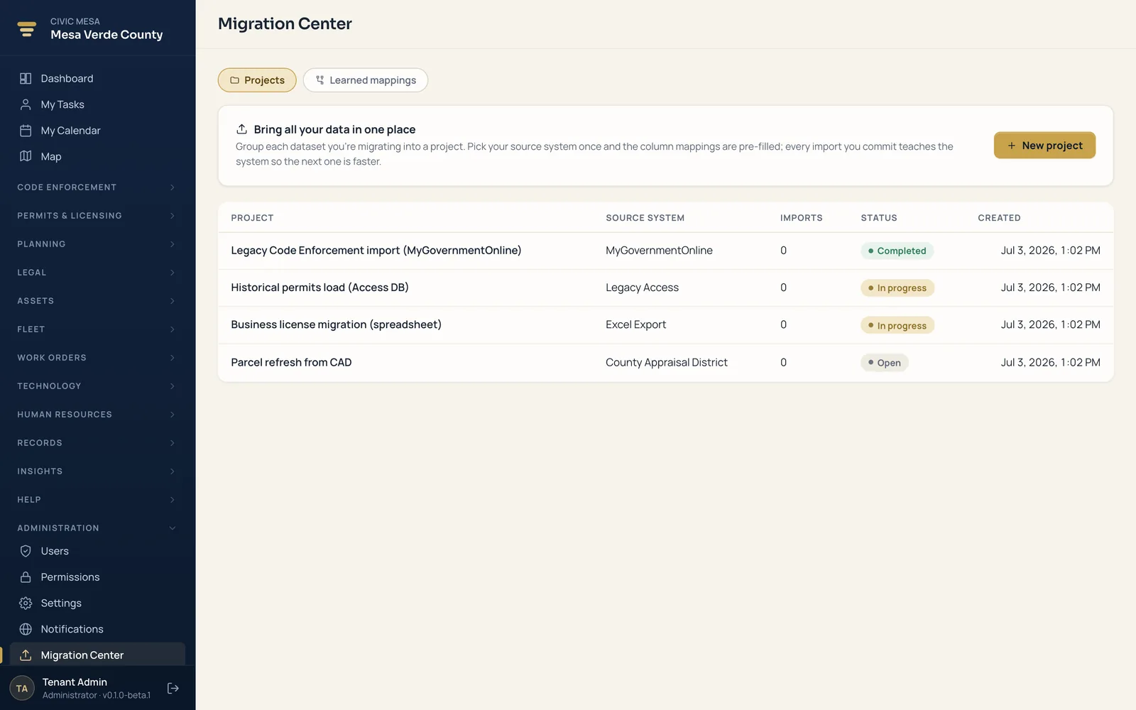 Civic Mesa Migration Center — data-migration projects grouped by source system, with learned column mappings.