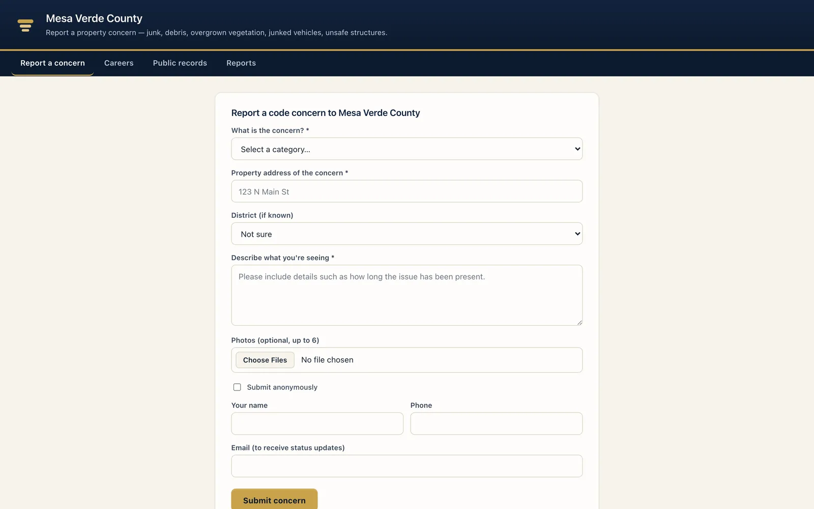 The Mesa Verde County public portal — residents report a code concern with no account.