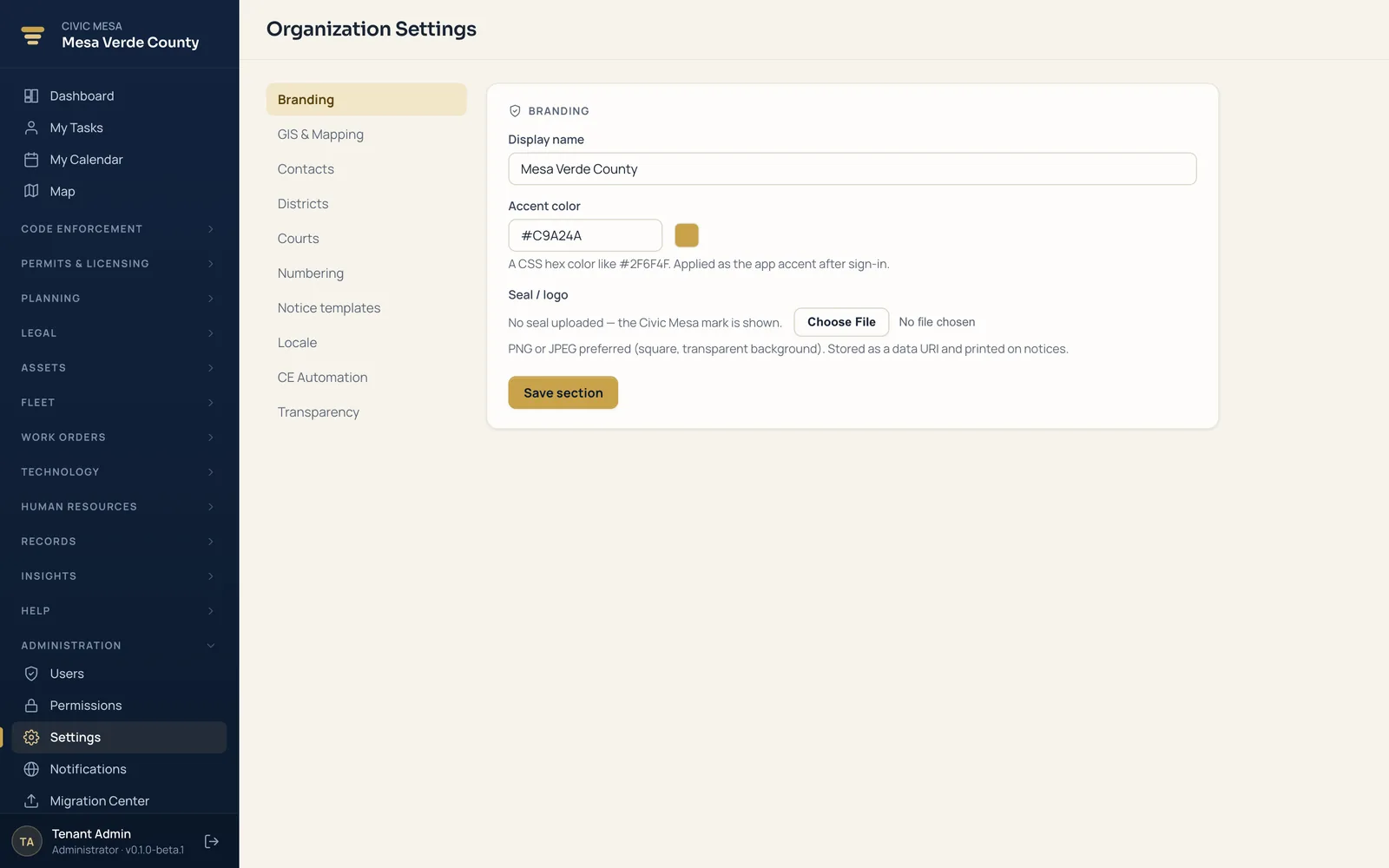 Civic Mesa organization settings — branding, jurisdiction name, numbering, and districts, all self-serve.